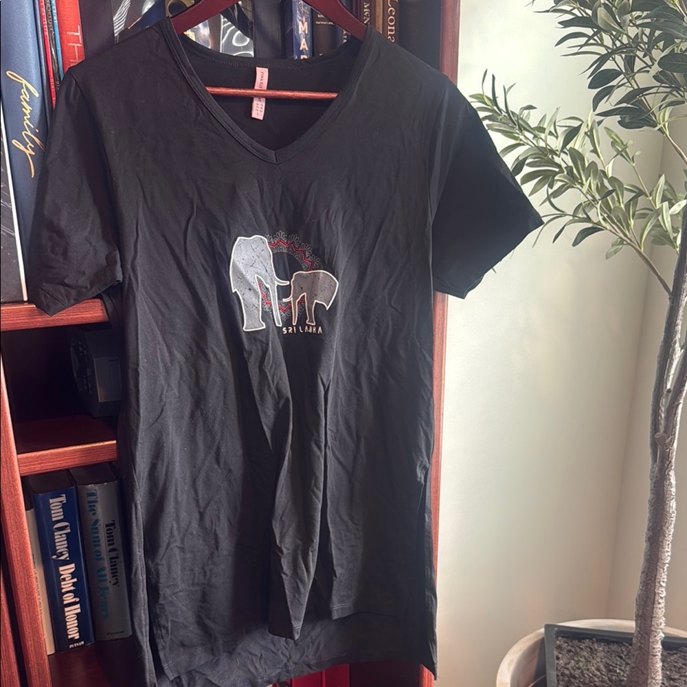 Black V-Neck T-Shirt with Elephant Design